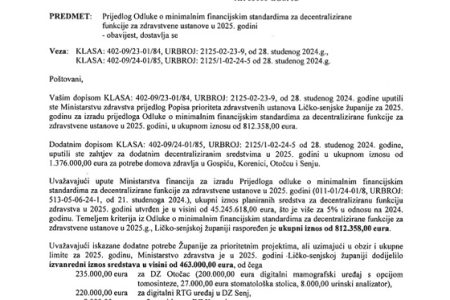 Ličko-senjskoj županiji za potrebe Domova zdravlja u Otočcu, Senju i Korenici od Ministarstva zdravstva dodijeljeno dodatnih 463.000 eura